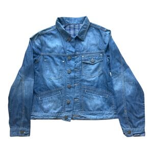 Fender Denim Jacket Mens Medium Wash Blue Plaid Lined Trucker Jacket Embroidered